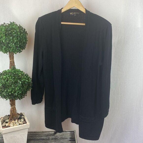 St John Black Open Front Knit Long Sleeve Cardigan Sweater L - Picture 2 of 8